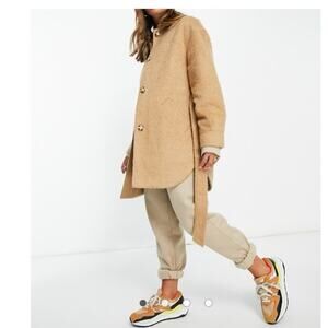 TOP SHOP Wool Blend Brushed Belted Camel Shirt Jacket Size 8 NWOT